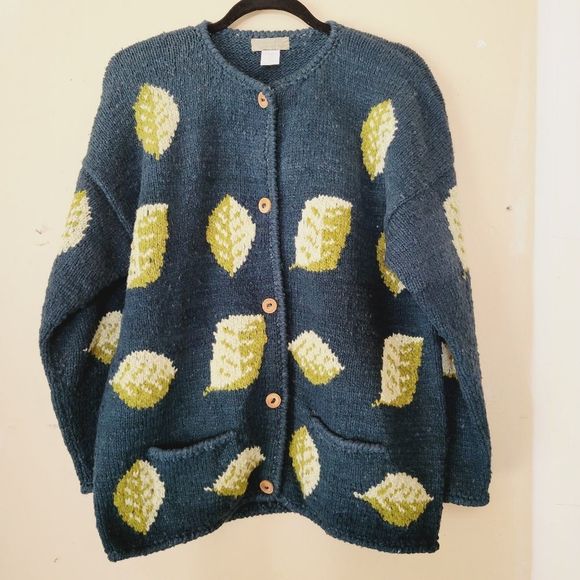 The Territory Ahead Sweaters - The Territory Ahead forest green leaf pattern 100% wool button up cardigan
